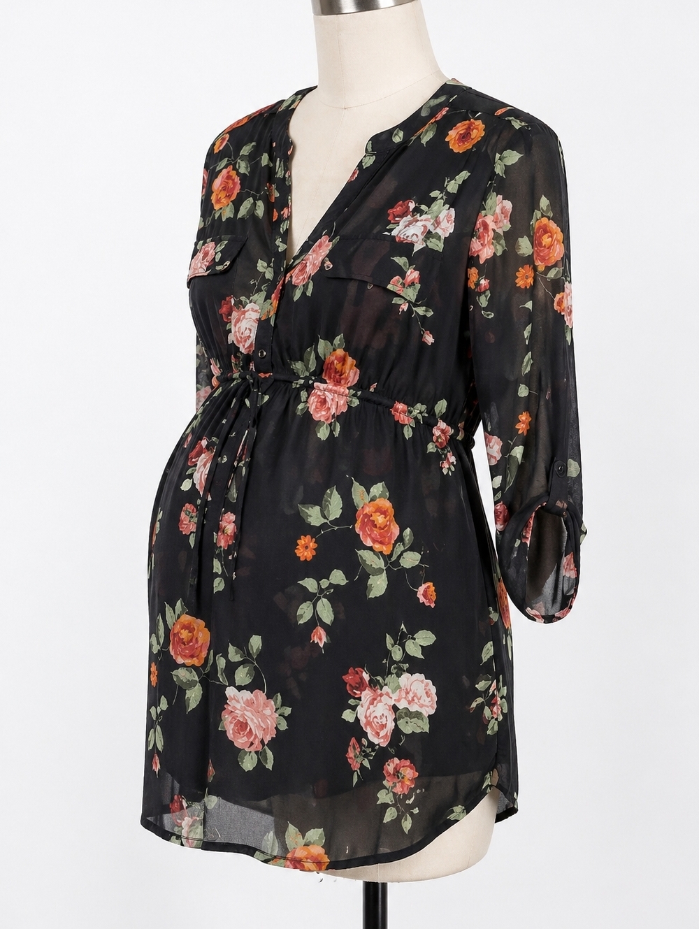 Siren Lily Black Floral Sheer Maternity Blouse Size L Boho Flowy 3/4 Sleeve